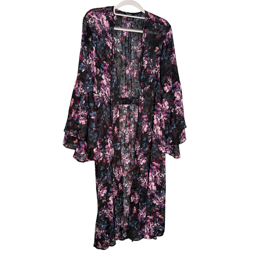 Torrid Lurex Chiffon Maxi Kimono open front floral romantic whimsical - Picture 2 of 11